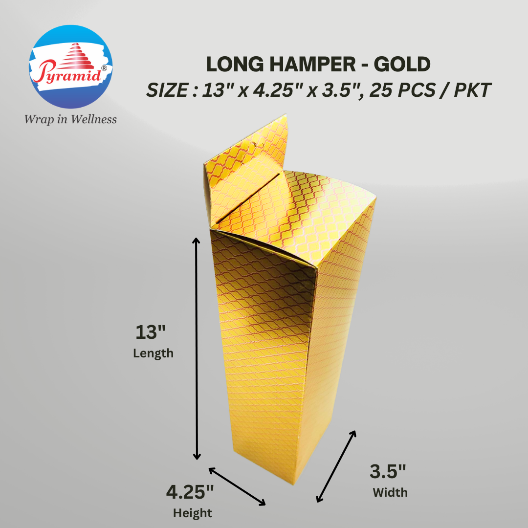 Tall GIFT HAMPERS SIZE : 13" x 4.25" x 3.5" (LxWxH) PACKING = 25 PCS/PKT