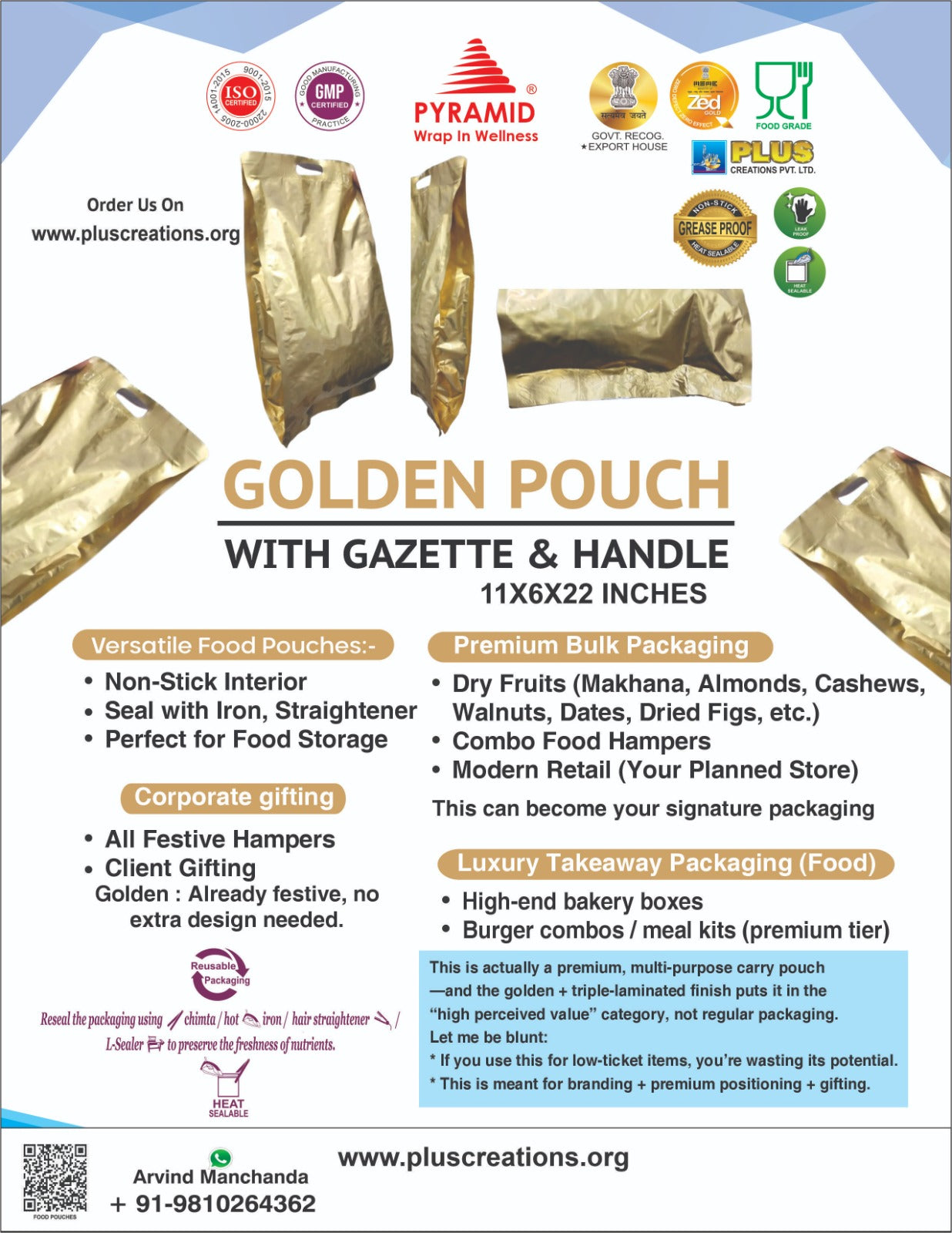 PYRAMID GOLDEN POUCH 290X150X550 MM , 25 PCS/PKT, WT = 1.7 KG