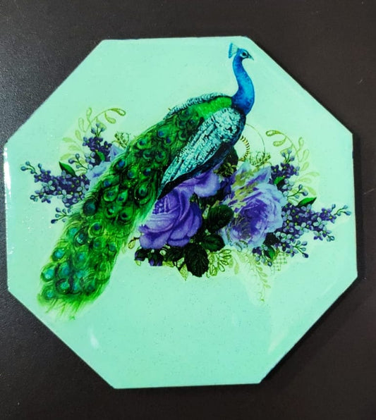 RESIN COASTER  4" HEXAGONAL WITH BOX ( peacock )