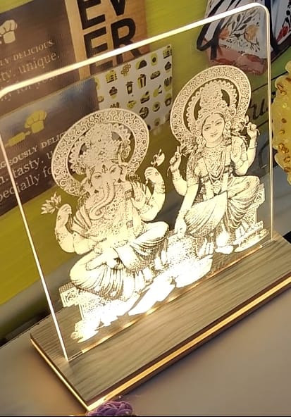 LED LIGHT WITH BOX & ADAPTER  ( GANESH JI & LAXMI JI TOGETHER BIG SIZE 8.5" X 6.5" )